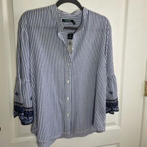 Lauren Ralph Lauren stand collar Stripe Bell Sleeve Blouse Wm Sz L Blue/White